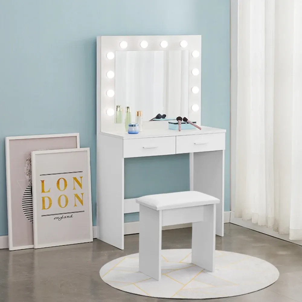 Set LUNA – Masă de Toaletă pentru Machiaj, Oglindă Iluminată, Becuri LED, 2 sertare, Taburet, Alb