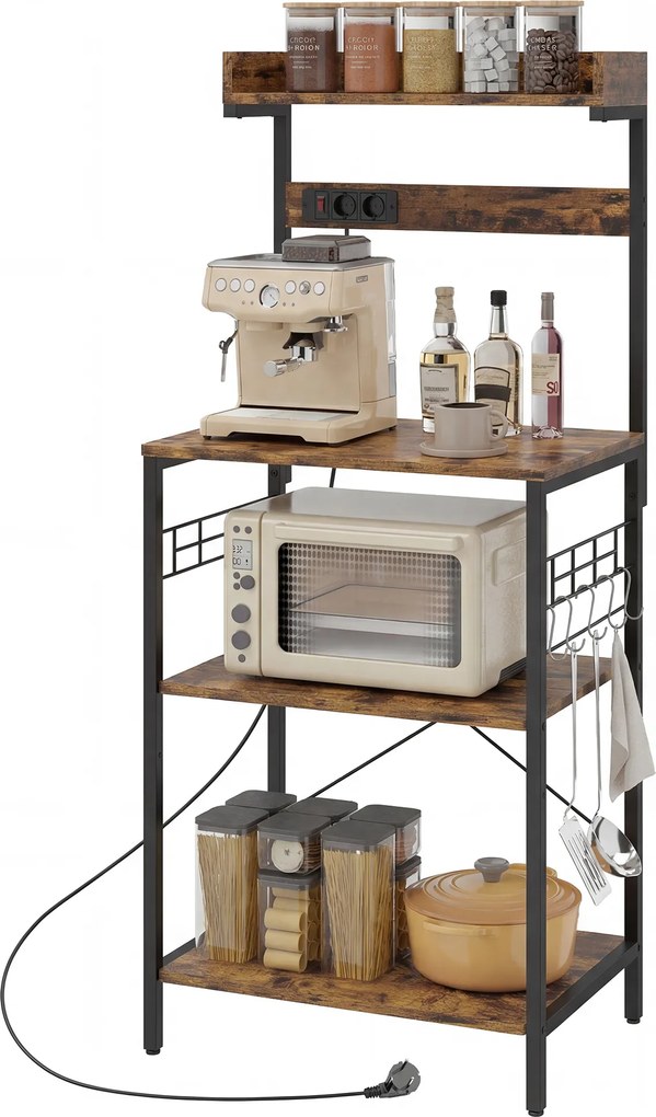 HOMCOM Estantería de Cocina con 2 Tomacorrientes Estante para Microondas Estante Ajustable Ganchos 60x42x137 cm Marrón Rústico | Aosom Romania