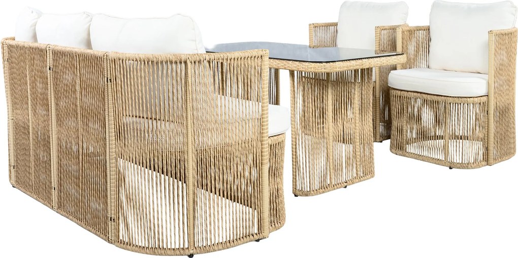 Set mobilier de grădină din PE‑rattan, 5 piese, canapea 3 locuri, 2 fotolii și masă cu blat din sticlă, Bej+Negru+Alb