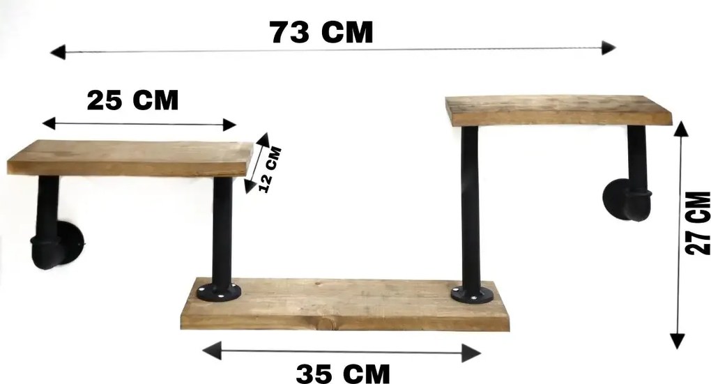 Raft cu 3 polite stil industrial din lemn-metal Homs 73 X 12 X 27 cm