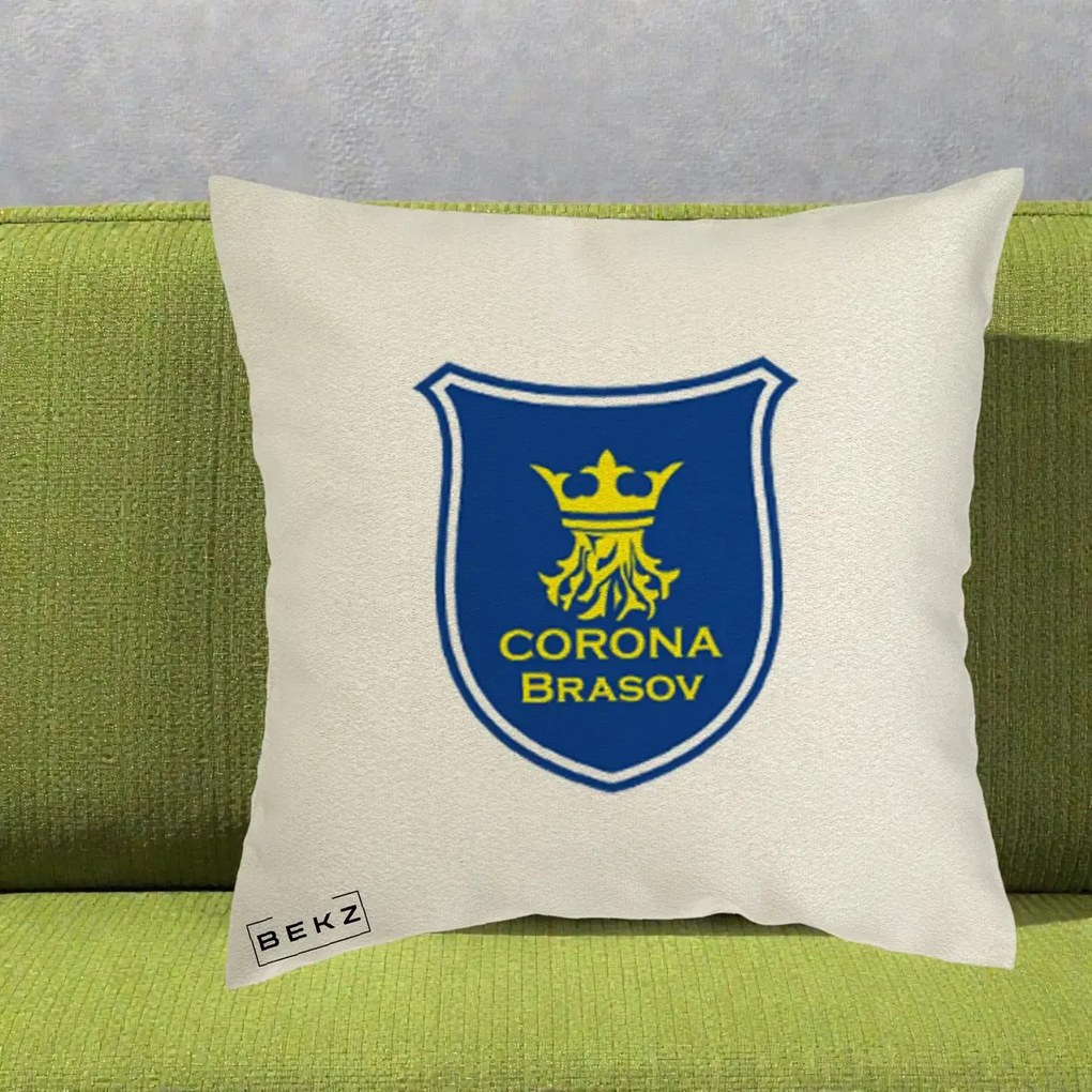 Perna Personalizata Corona Brasov Fotbal, 40x40 cm, Ecru, Husa Detasabila, Perna Inclusa, BEKZ®