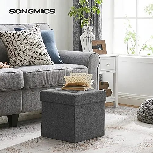Taburet cu capac si spatiu depozitare, MDF / textil, gri inchis, Songmics