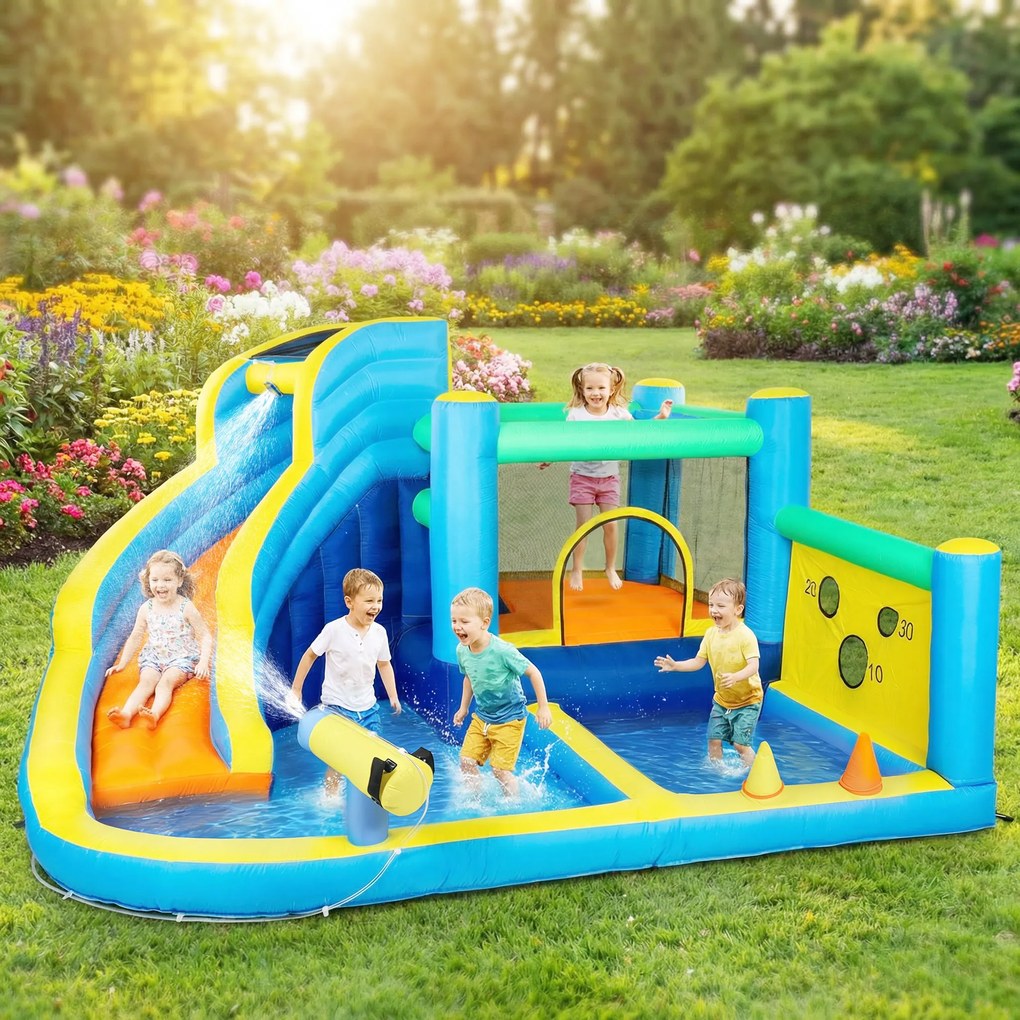 AIYAPLAY Castel gonflabil cu suflător 8 în 1, parc acvatic, tobogan, trambulină, piscină de mingi, Oxford, multicolor | Aosom Romania