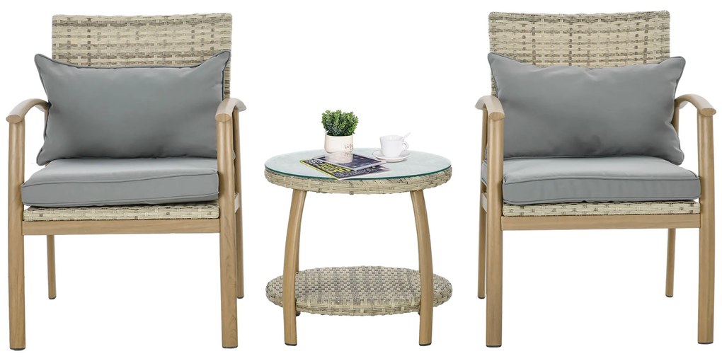 Outsunny Set Mobilier Terasă 3 Piese din Răchită, Salon Exterior cu Perne Moi și Masă de Cafea din Sticlă Securizată, Confortabil | Aosom Romania