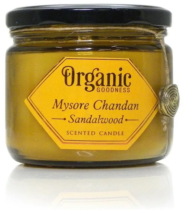 Lumânare organică Mysore Chandan - Lemn de santal200 g în pahar de sticlă chihlimbar