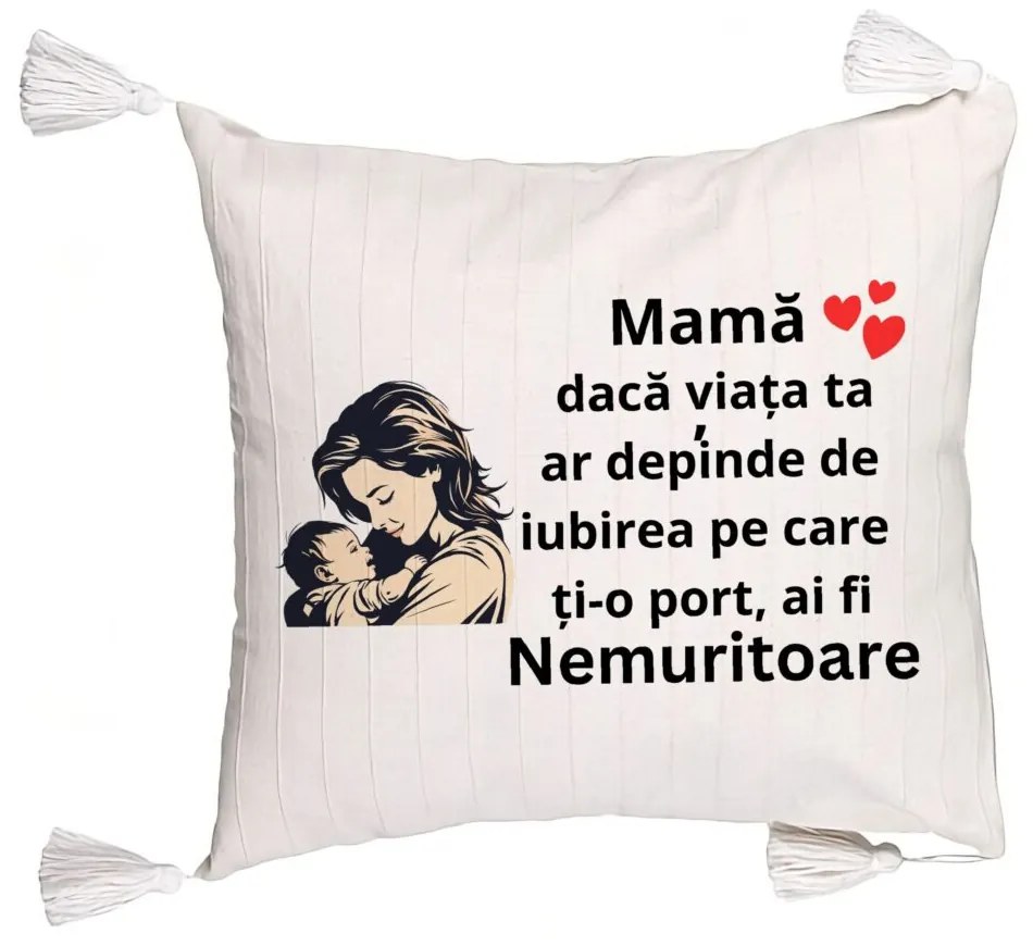 Perna Decorativa cu Franjuri, Model pentru Mama 11, 45x45 cm, Ecru, Cu fermoar