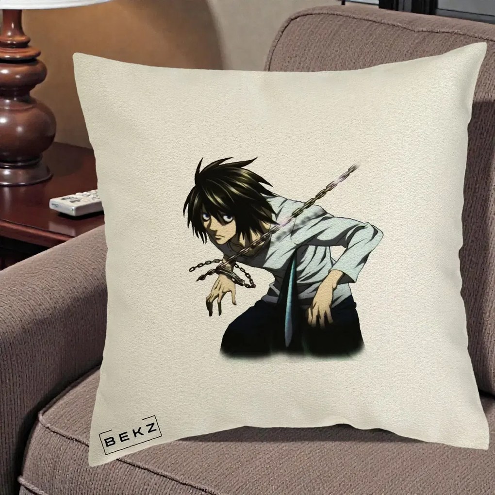 Perna Personalizata Death Note L Lawliet Lanturi, 40x40 cm, Ecru, Husa Detasabila, Perna Inclusa, BEKZ®
