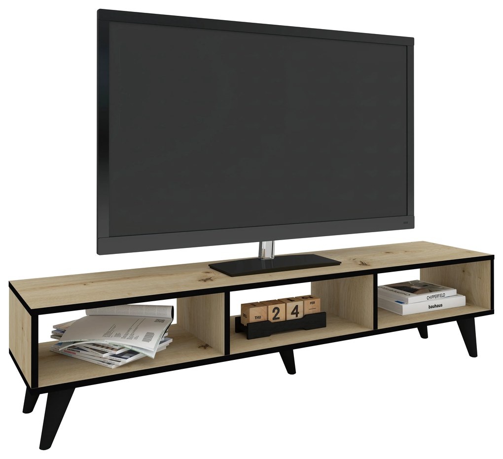 Comoda TV Tirro V2, Stejar Artisan/Negru, 150 x 35 x 35 cm