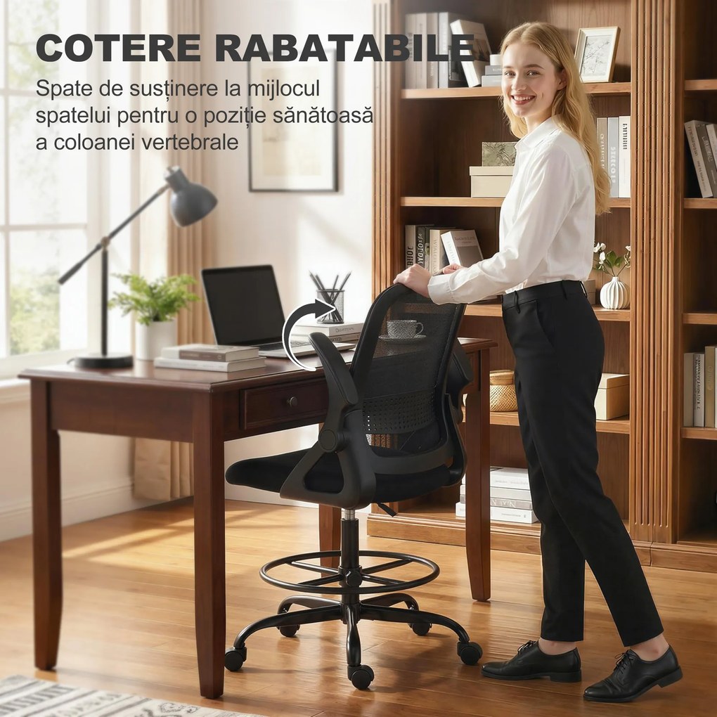 HOMCOM Scaun de Birou Ergonomic, Scaun Rotativ din Plasă, Înălțime Reglabilă și Suport pentru Picioare, Scaun de Birou cu Suport Lombar și Brațe Rabatabile, Capacitate 120kg, Negru | Aosom Romania