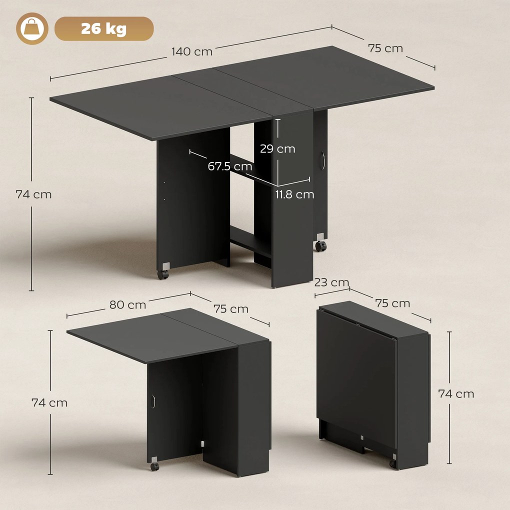 HOMCOM Masă Pliantă din Lemn cu Roți, pentru 4-6 Persoane, 75x140x75 cm, Negru | Aosom Romania