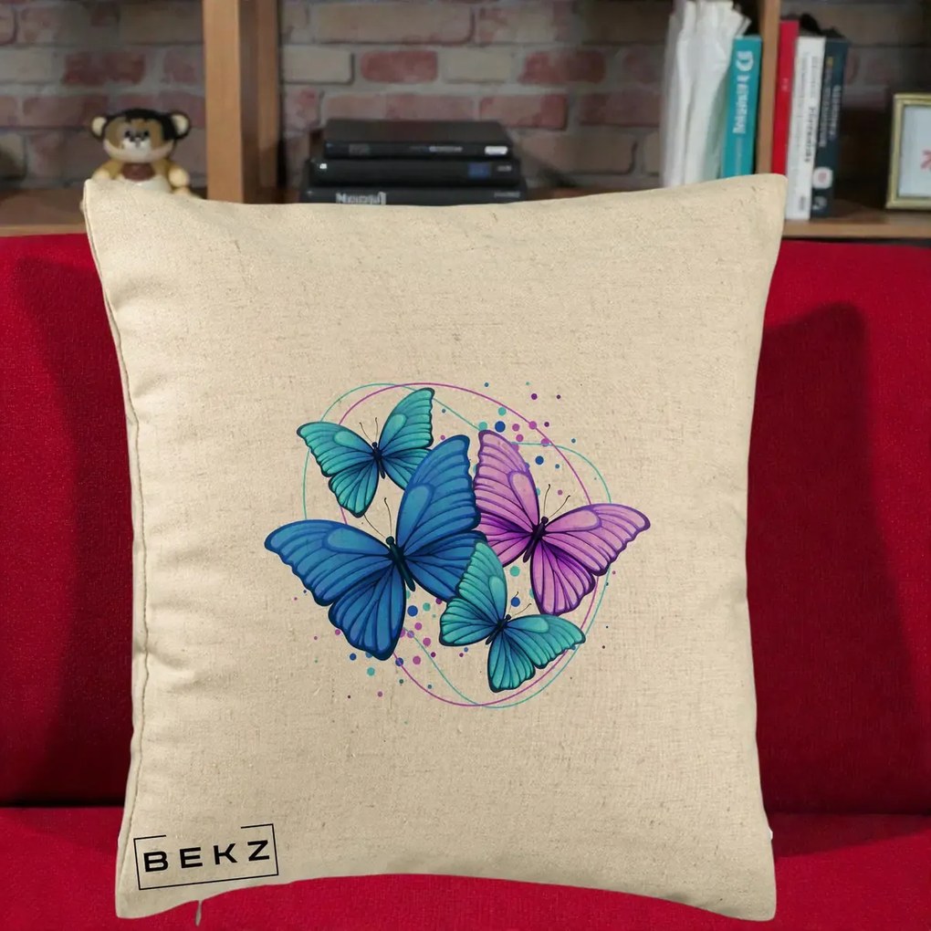 Perna Decorativa Patru Fluturi Turcoaz-Violet, 40x40 cm, Bej, Husa Detasabila, Perna Inclusa, BEKZ®