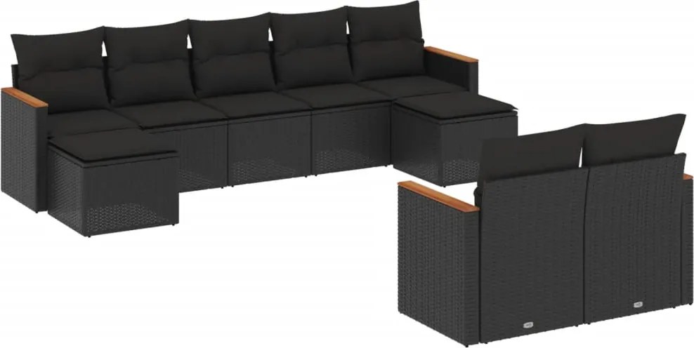 vidaXL Set mobilier de grădină cu perne, 9 piese, negru, poliratan
