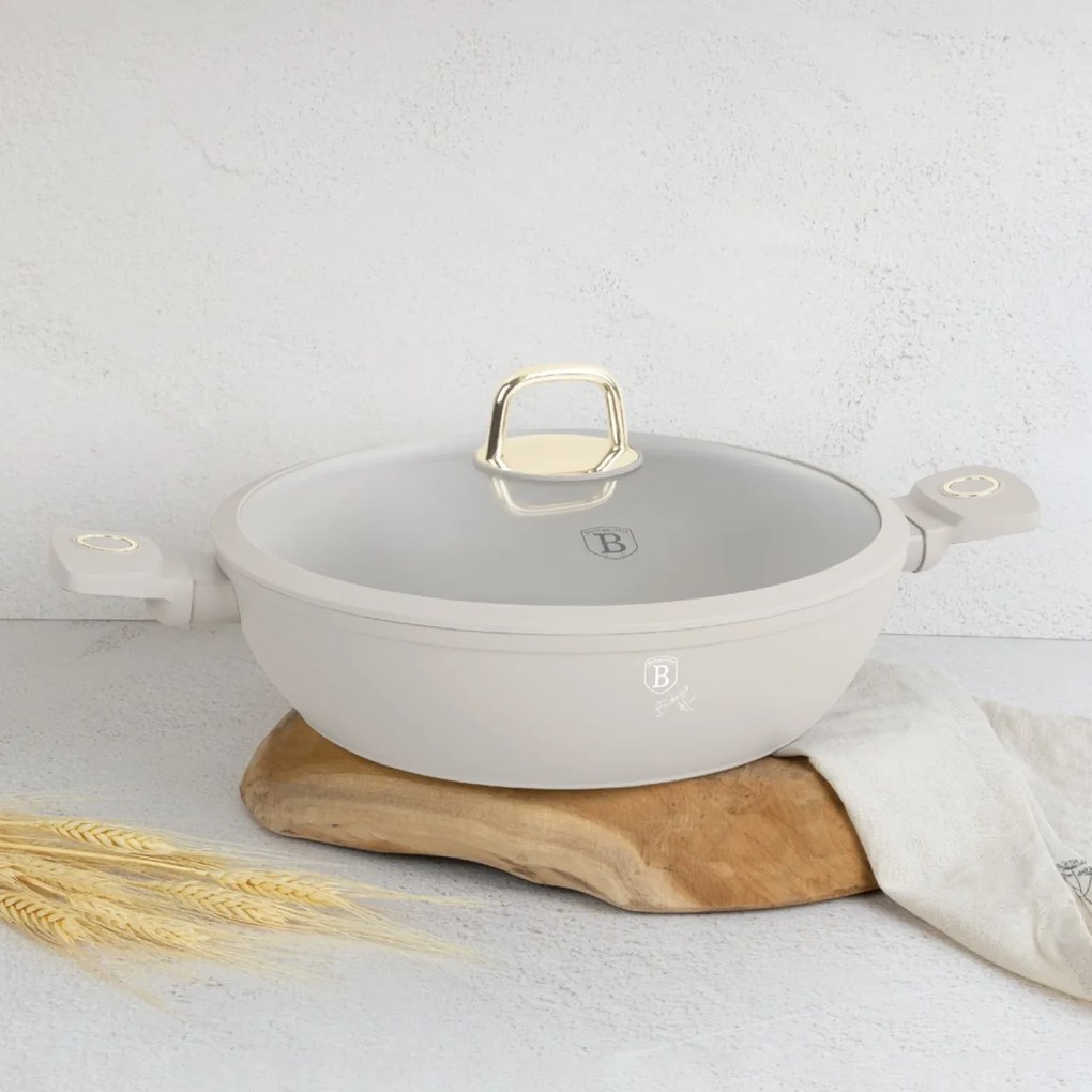 Cratiță cu capac 30 cm, 4.5L – Berlinger Haus Sahara Collection BH 8069, crem, cu strat antiaderent titan, compatibilă cu inducție