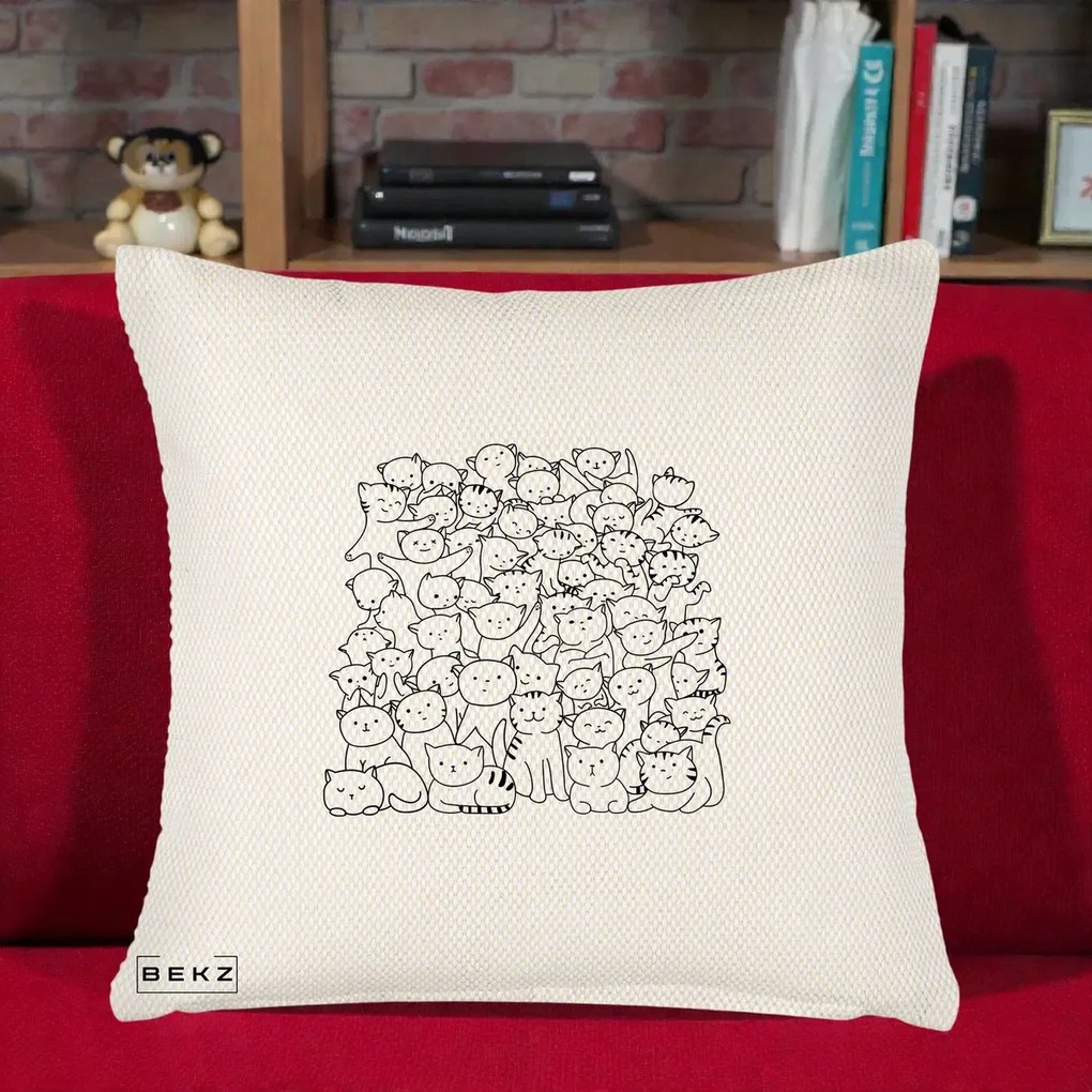 Perna Personalizata Many Cats Pattern Alb-Negru, 40x40 cm, Crem Reliefat, Husa Detasabila, Perna Inclusa, BEKZ®