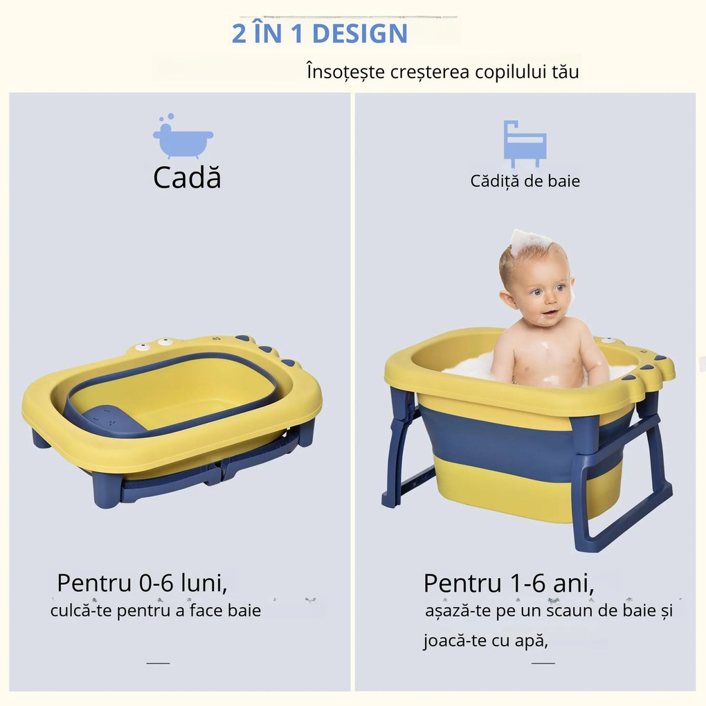 HOMCOM Cădiță de Baie Pliantă pentru Copii de 0-6 Ani, din Plastic Antiderapant, 75,3x55,4x43 cm, Galben | Aosom Romania