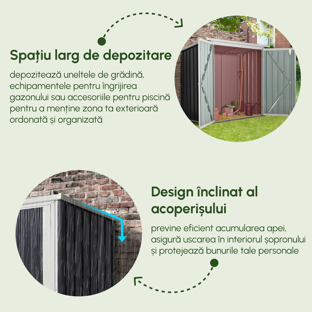 Magazie de gradina Outsunny din tabla de otel, sopron cu usa dubla cu sistem de blocare, casuta de gradina pentru unelte, alb-negru | Aosom RO