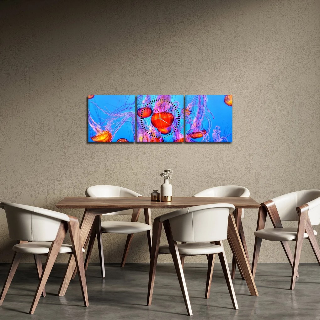 Tablou cu meduse în mare (cu ceas) (90x30 cm)