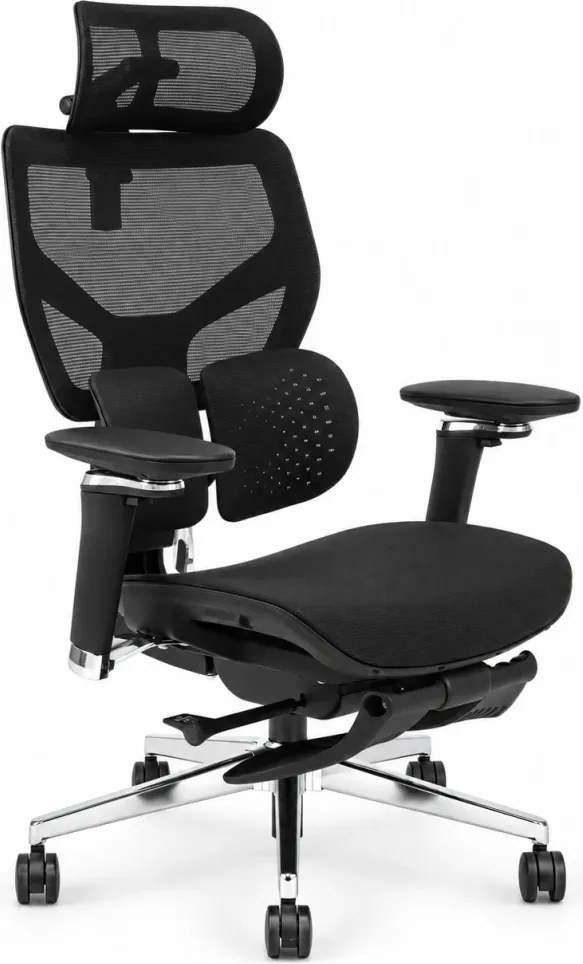 Scaun ergonomic ANEW ARYSE D6, Suport lombar dublu adaptiv 360°, Cotiere 5D, Tetieră 3D, Șezut mesh, Mecanism sensibil la greutate, Bază cromată, Suport pentru picioare, Negru