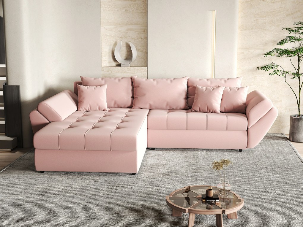 Colțar extensibil dumonde cu ladă de depozitare si sezut confortabil din spuma high-density, Loana Royal Pink 270x185 cm