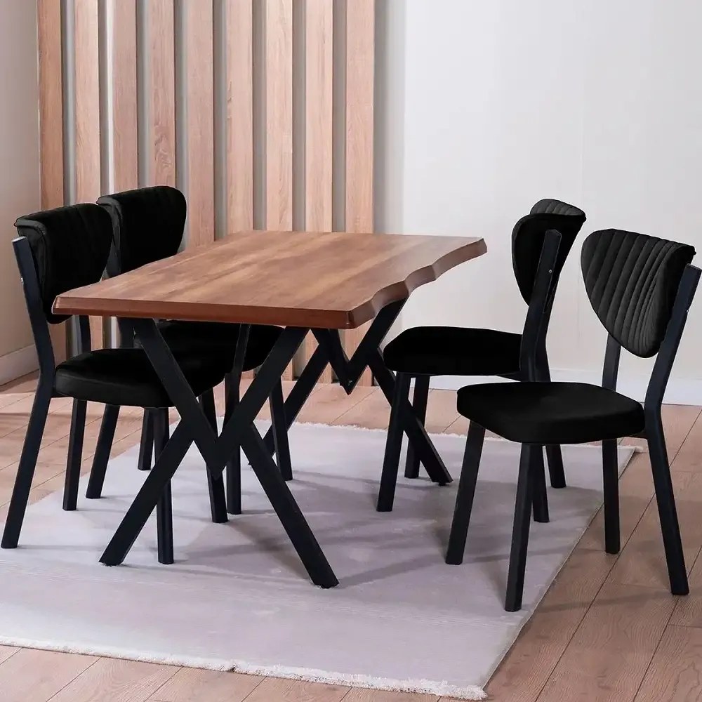 Set Masa Barton din MDF cu 6 Scaune  din metal, culaore nuc si negru, 140 cm