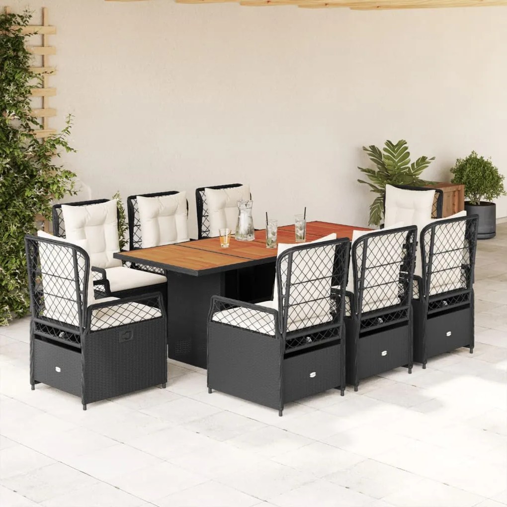 vidaXL Set mobilier de grădină cu perne, 9 piese, negru, poliratan