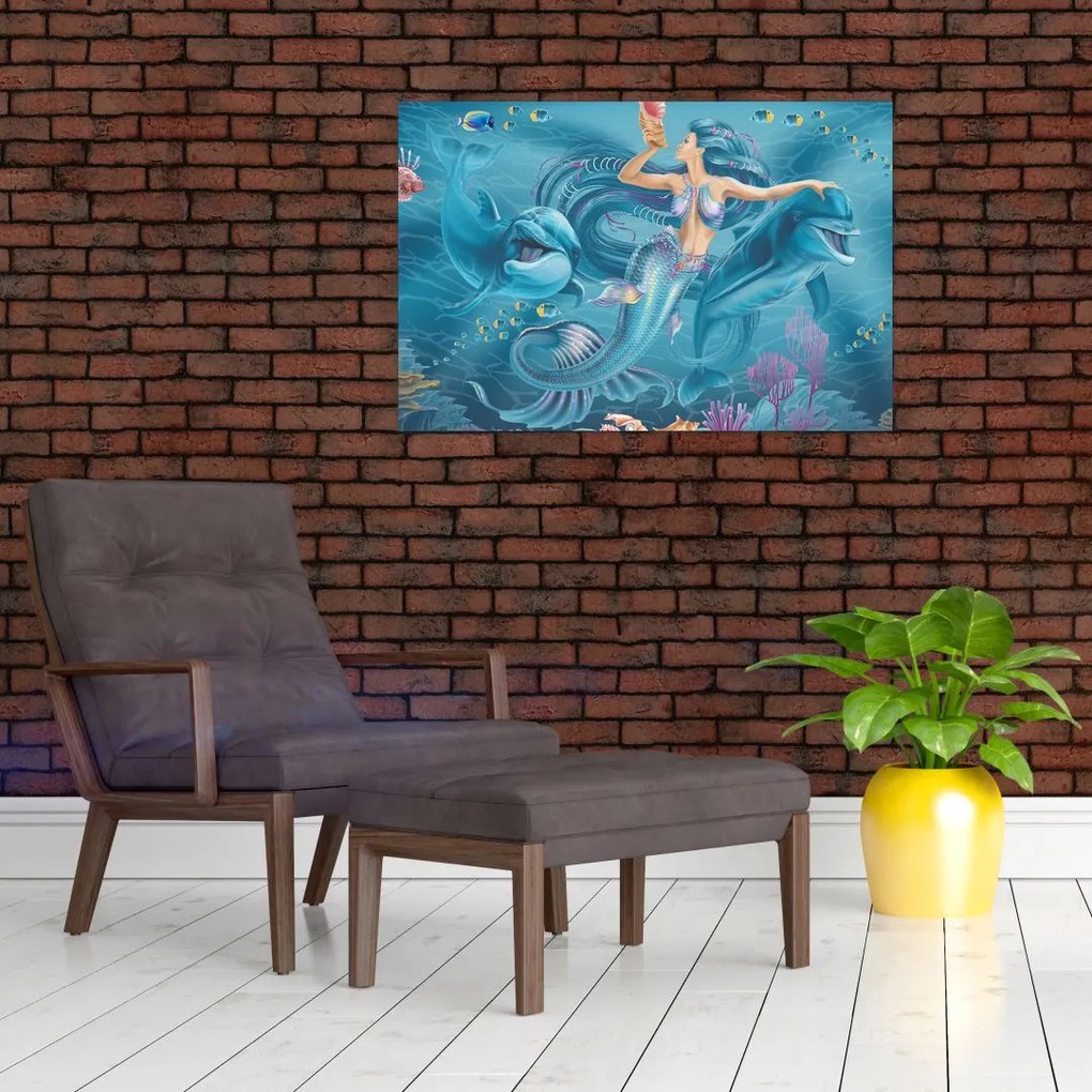 Tablou - Sirenă cu delfini (90x60 cm)