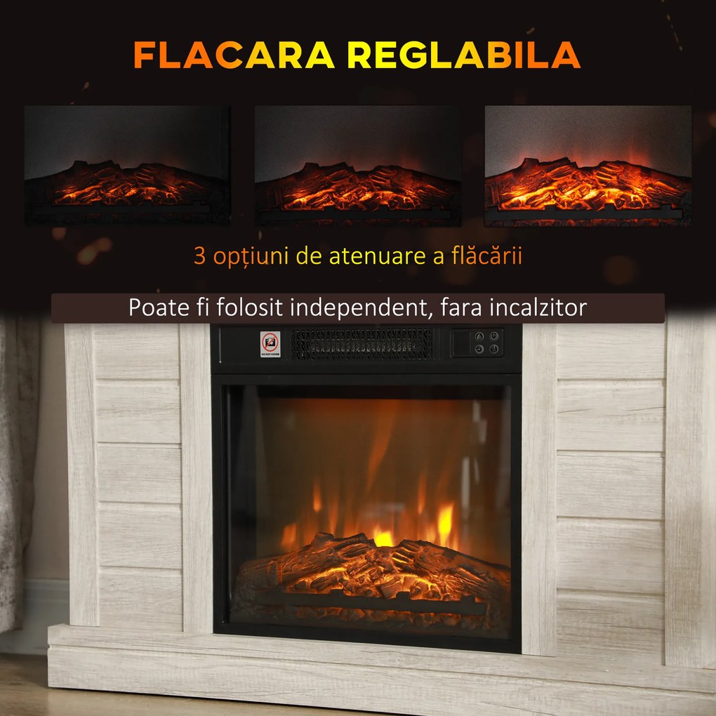 HOMCOM Șemineu Electric cu Flacără 3D, Oprire Automată, Încălzire Reglabilă și Temporizator, 96,5x22x81,7 cm, Gri Deschi | Aosom Romania