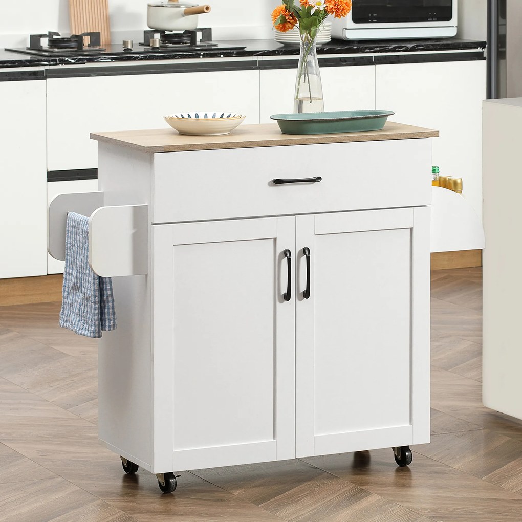 HOMCOM Masă bucătărie multi-spațiu 1 sertar 1 dulap 2 uși cu raft reglabil suport prosoape și raft sticle/conimente - MDF alb | Aosom Romania