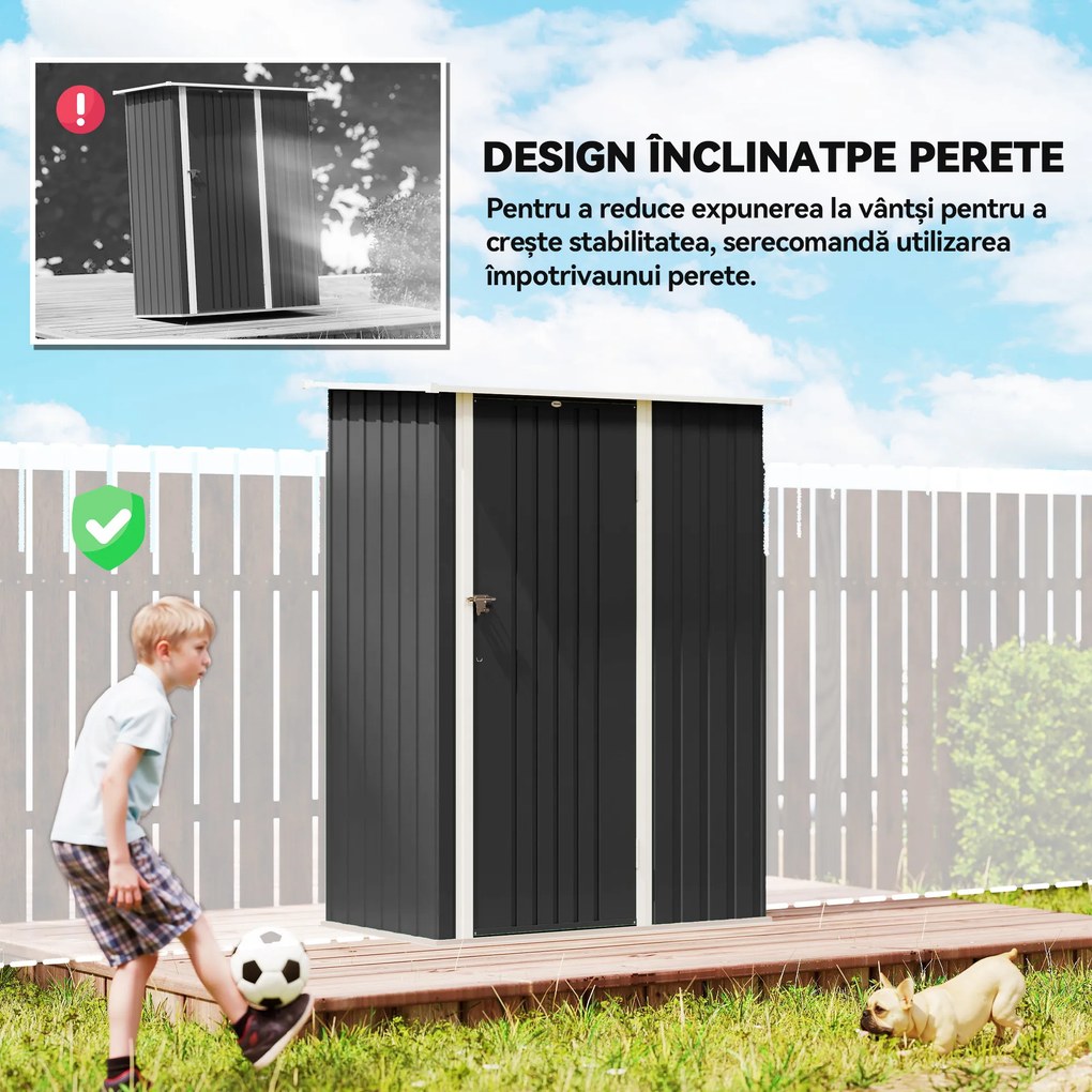 Outsunny Căsuță de Grădină 1.07m² din Oțel Zincat, Adăpost pentru Unelte cu Ușă Blocabilă, Acoperiș Înclinat, 142x86x189 cm, Gri Închis | Aosom Romania