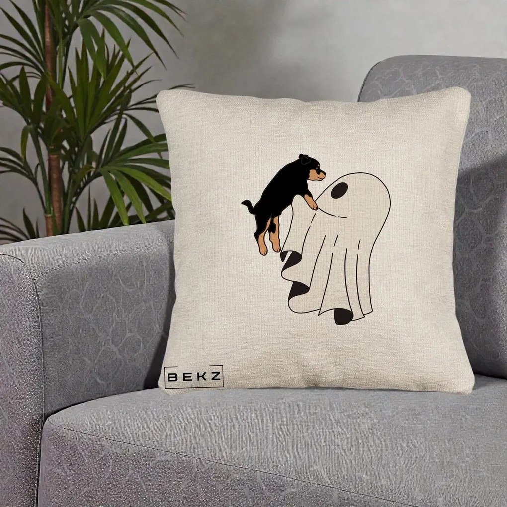 Perna Decorativa Caine Rottweiler Fantoma Halloween, 40x40 cm, Bej Canapea, Husa Detasabila, Perna Inclusa, BEKZ®