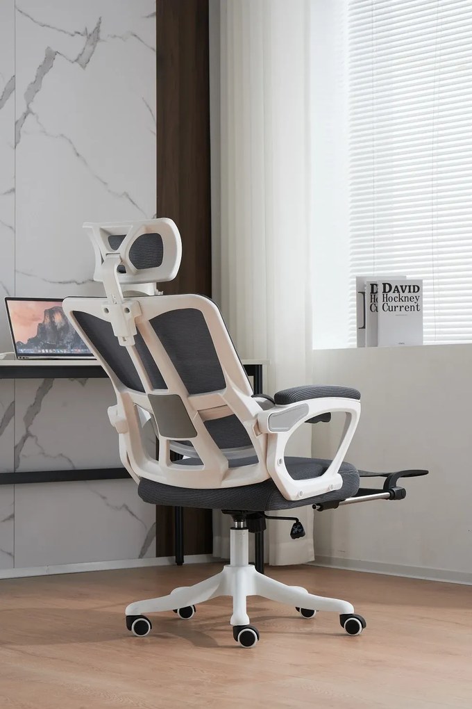 Scaun ergonomic cu suport lombar, tetieră reglabilă, suport pentru picioare, pivotant, Mesh, Alb/Gri