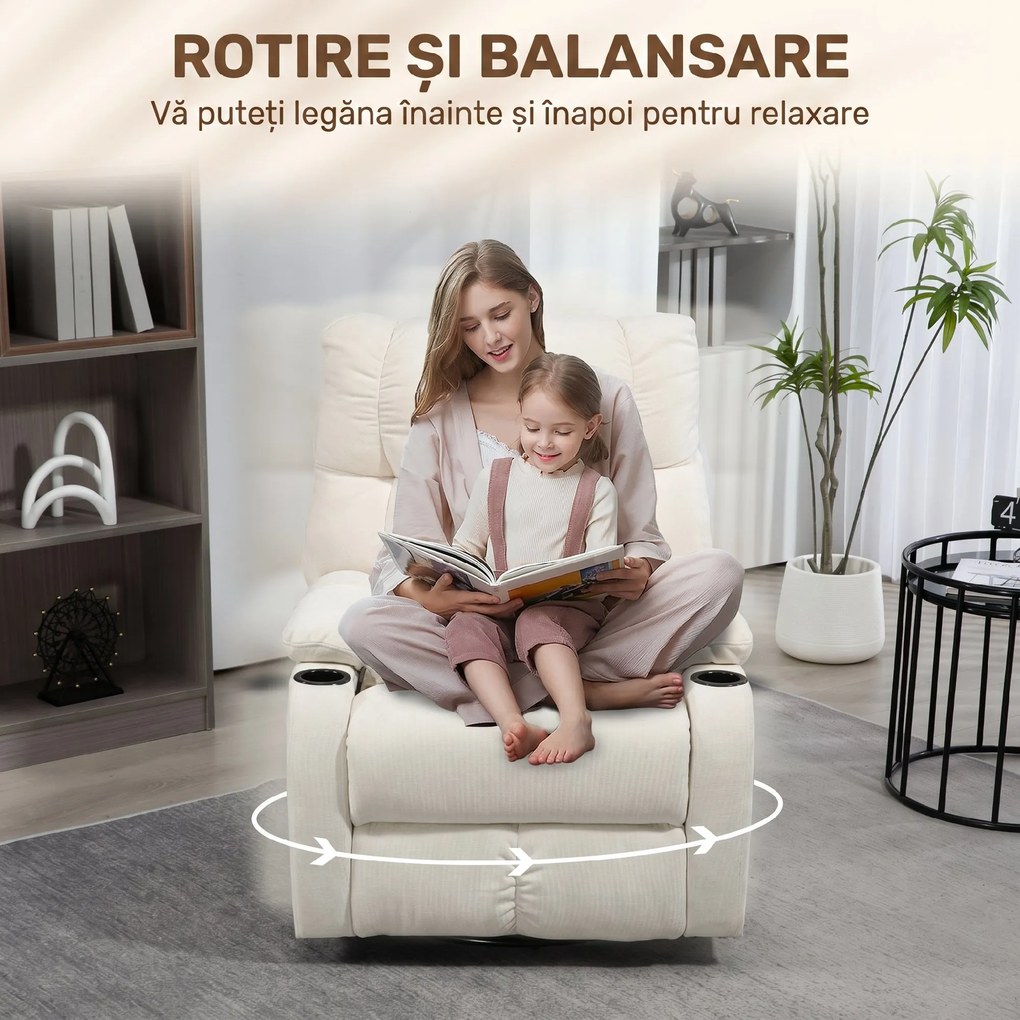 HOMCOM Fotoliu Modern Reclinabil 135° cu Suport pentru Picioare și Suporturi pentru Pahare Bej | Aosom Romania