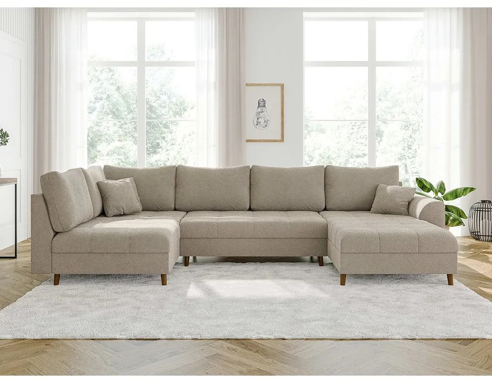 Colțar bej cu tapițerie din țesătură bouclé (colț dreapta/în formă de "U") Ariella – Ropez