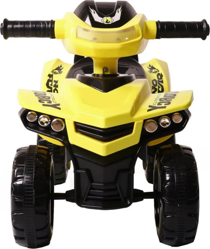 Masinuta cu Functie de Trotineta Fara Pedale Pentru Copii NOVOKIDS™ ATV No Fear Rider, Maxim 25 Kg, Cu Melodii, Sezut comfortabil, Galben cu Negru