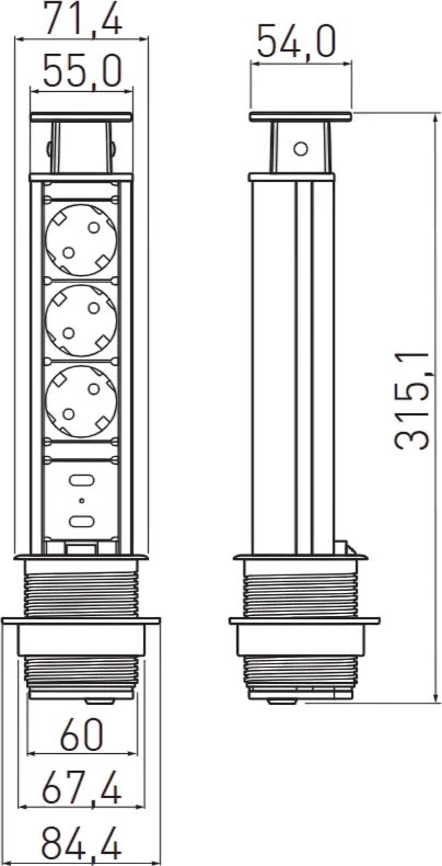 Priză încorporabilă în blat Elevator GTV, 3 prize Schuko, 2 x USB A, negru, D:60 mm Aluminiu, Negru, D:60 mm