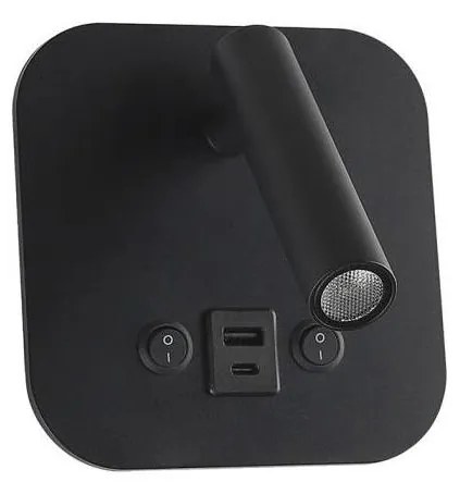Aplica spot LED de perete cu port USB, 8W, 230V, 3000K, negru