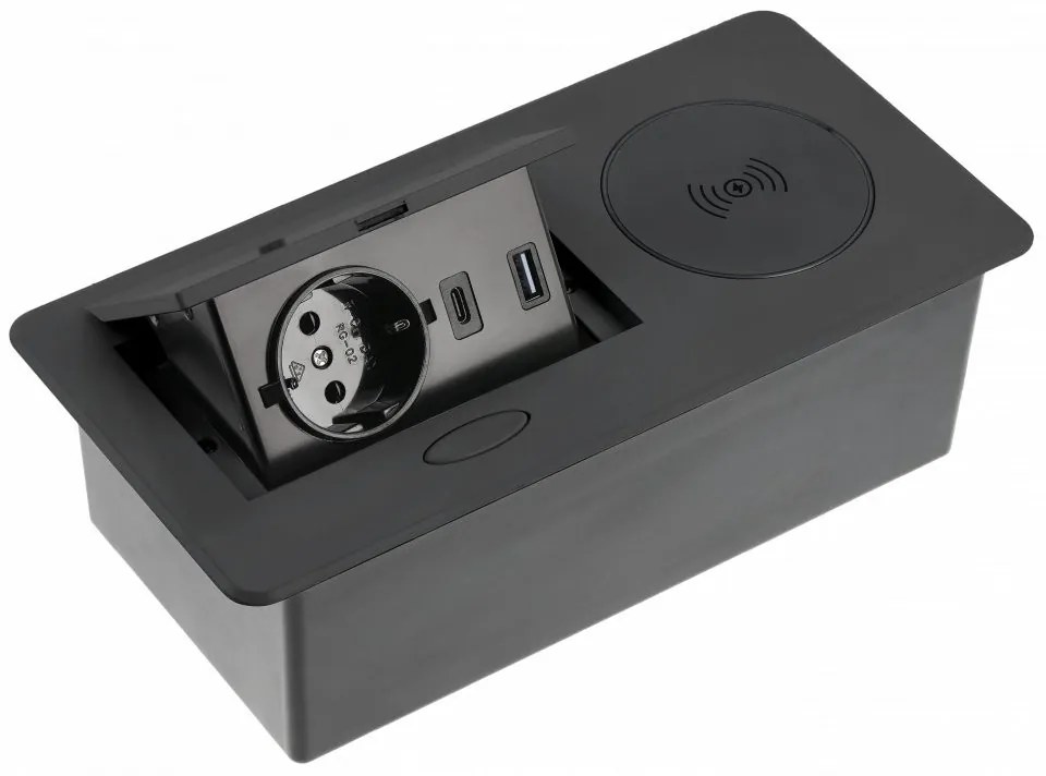 Priza incastrabila model AVARO PLUS, 1 iesiri Schuko, 1xInductie 5W, 1xUSB-A, 1xUSB-C, finisaj negru