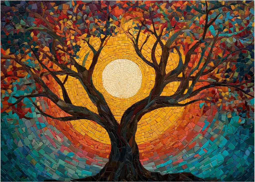 Tablou pe sticlă - Soarele în coroana arborelui vieții (70x50 cm)