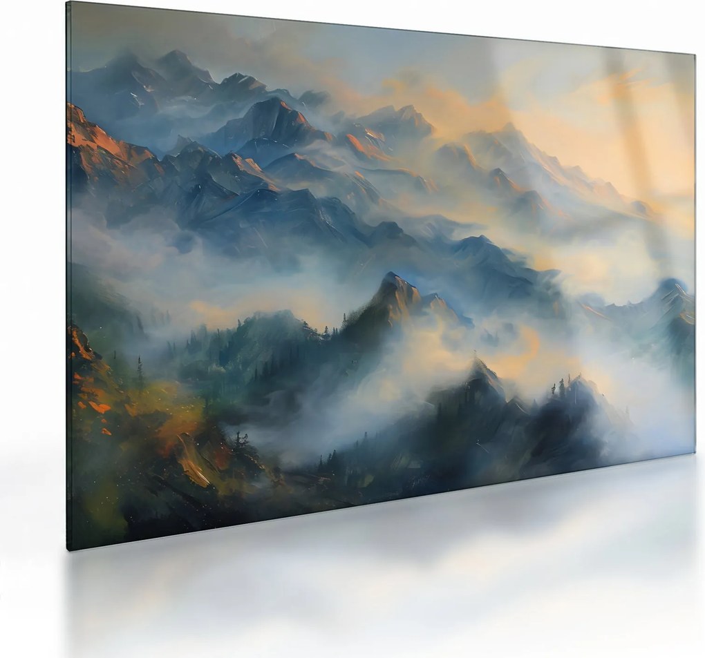 Tablou pe sticlă - Peisaj montan pictat (70x50 cm)