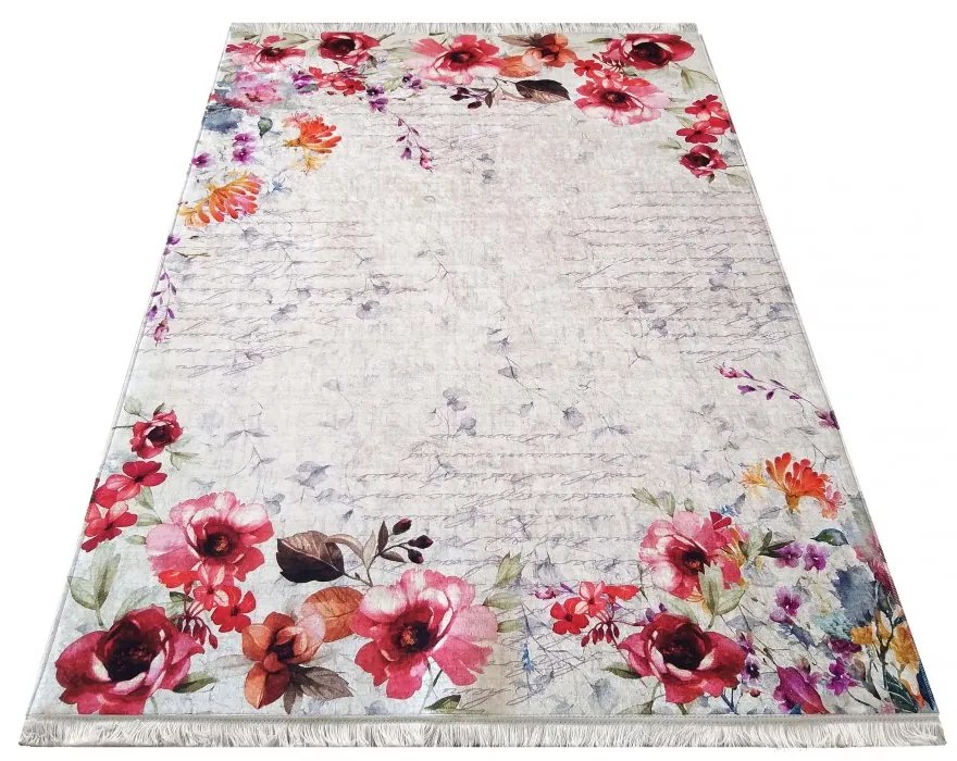 Covor antiderapant roșu cu model de flori Lățime: 160 cm | Lungime: 220 cm