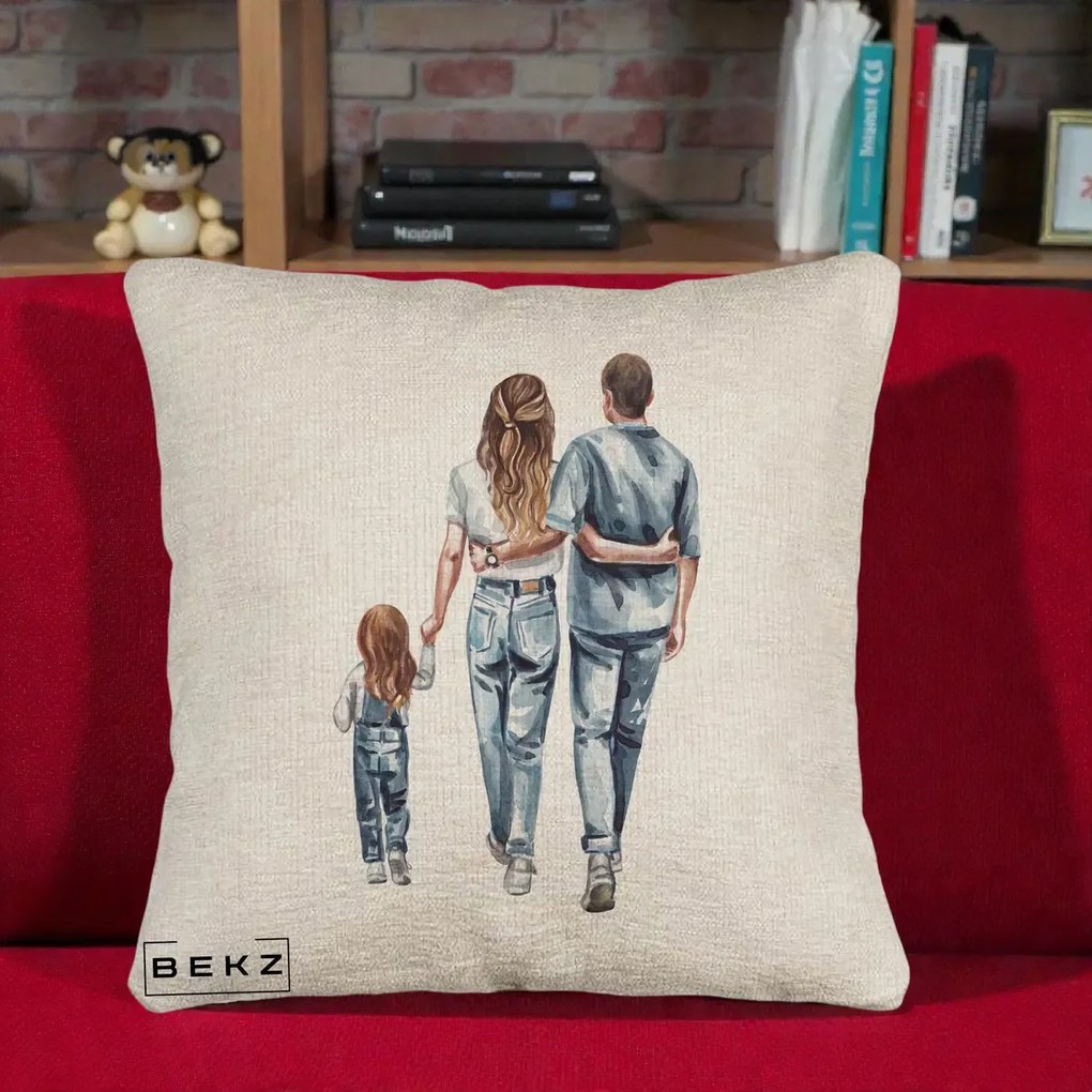 Cadou pentru Familie - Perna Personalizata Familie Acuarela Jeans, 40x40 cm, Bej Canapea, Husa Detasabila, Perna Inclusa, BEKZ®