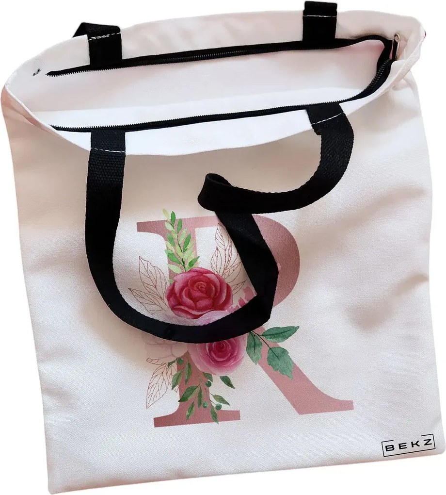 Sacosa de Panza pentru Cumparaturi, Geanta Tote, Cu litera R Rose Gold si Trandafiri, Cu fermoar, 38x34.5 cm, Alba, BEKZ®