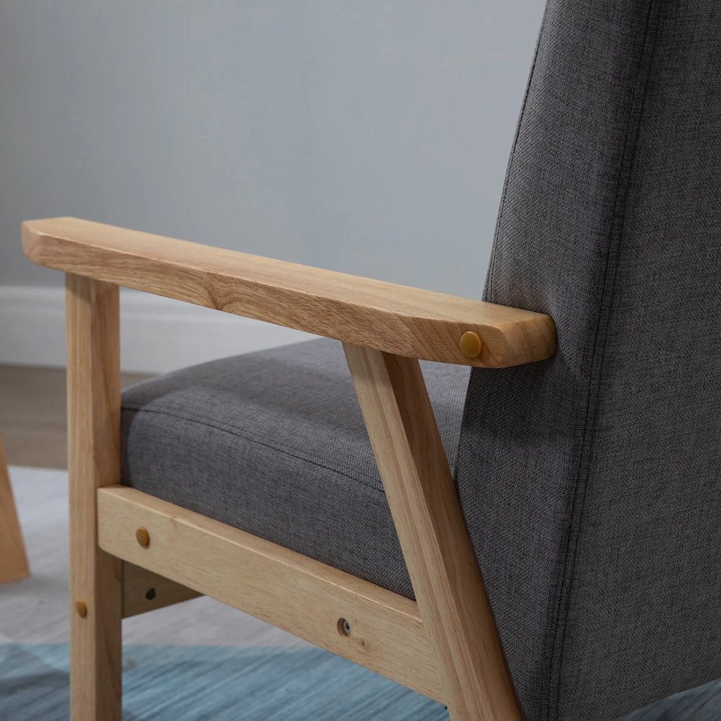 HOMCOM Fotoliu cu design scandinav, fotoliu de accent din lemn masiv cu aspect de in, 64 cm x 70 cm x 72 cm, gri | Aosom Romania