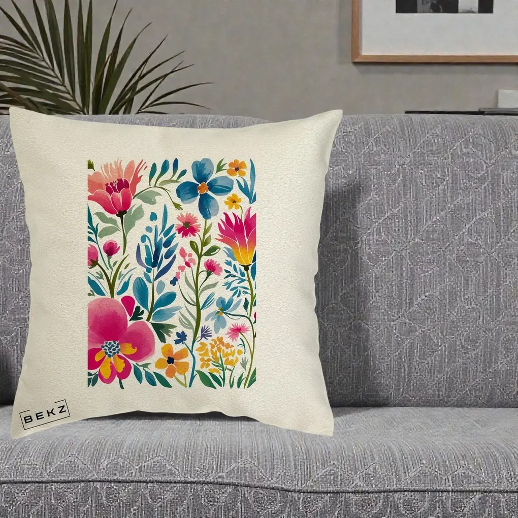 Perna Decorativa Gradina Florala Acuarela Colorata, 40x40 cm, Ecru, Husa Detasabila, Perna Inclusa, BEKZ®