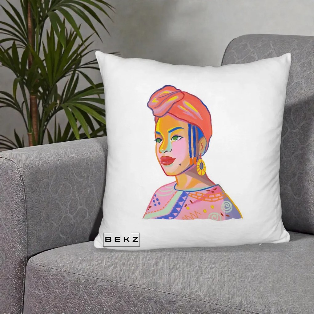 Perna Decorativa Portret Femeie Africana, 40x40 cm, Alb Pufos, Husa Detasabila, Perna Inclusa, BEKZ®
