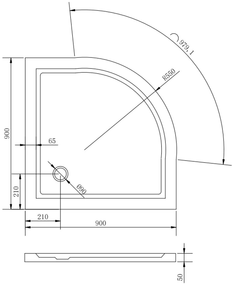 Coria 90x90x5 cm tăviță de duș semicirculară, acrilică