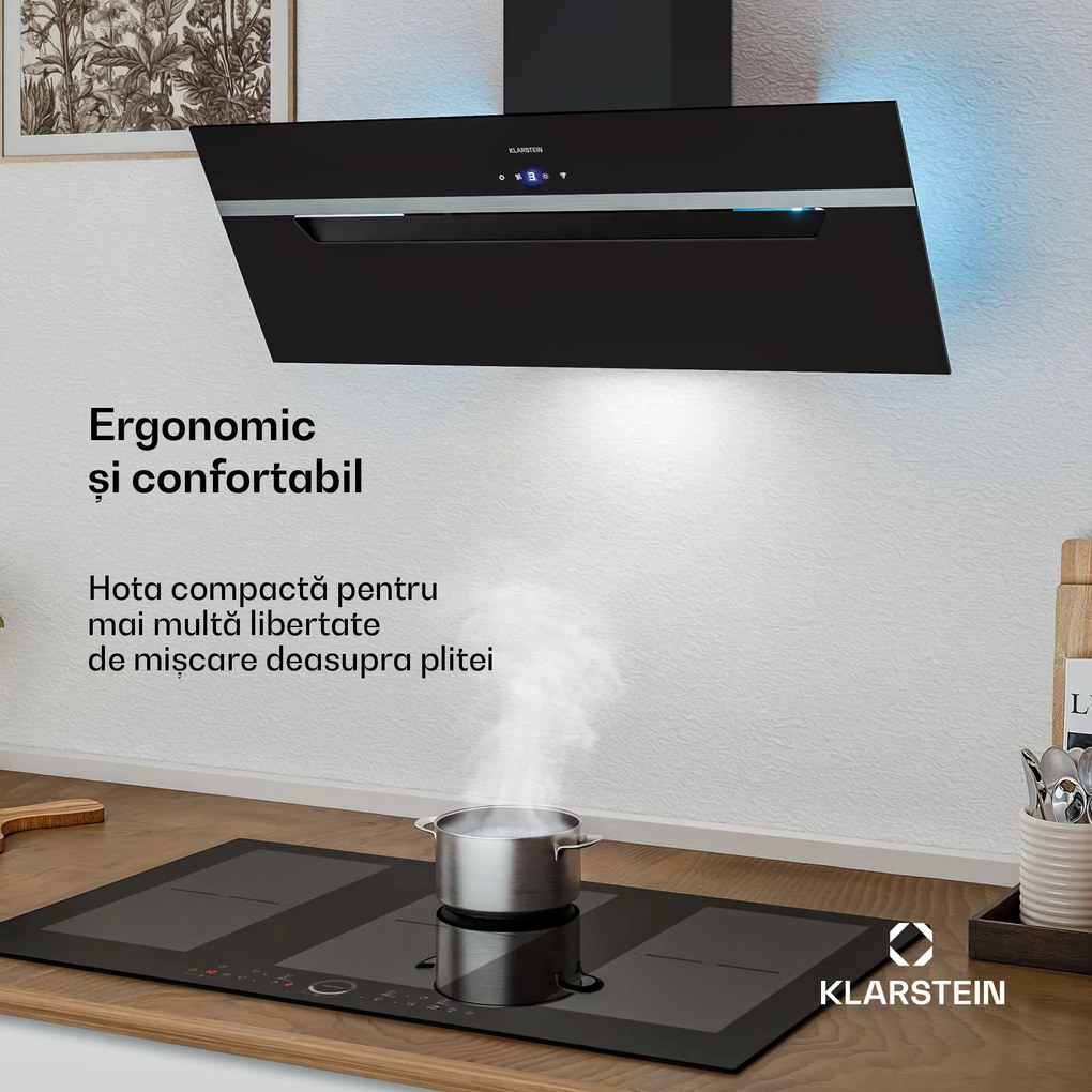 Klarstein BigBite hota înclinată | mod de evacuare a aerului și recirculare | sticlă de siguranță | 417 m³/h | 90 cm