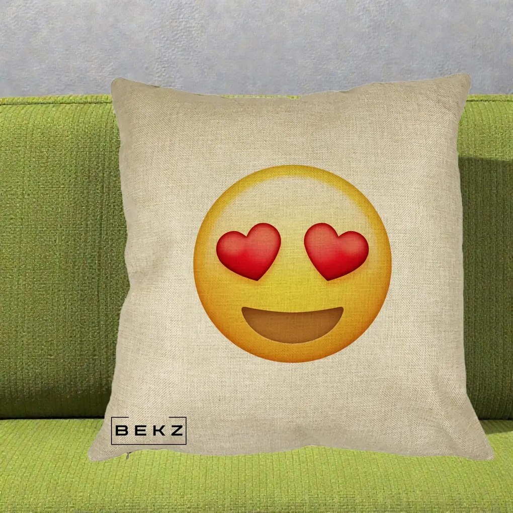 Perna Decorativa Emoji Inimi in Ochi, 40x40 cm, Crem, Husa Detasabila, Perna Inclusa, BEKZ®