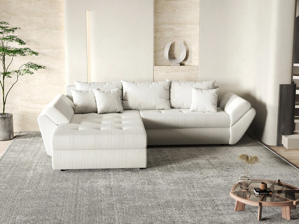 Colțar extensibil dumonde cu ladă de depozitare si sezut confortabil din spuma high-density, Loana Zoom Crem 270x185 cm