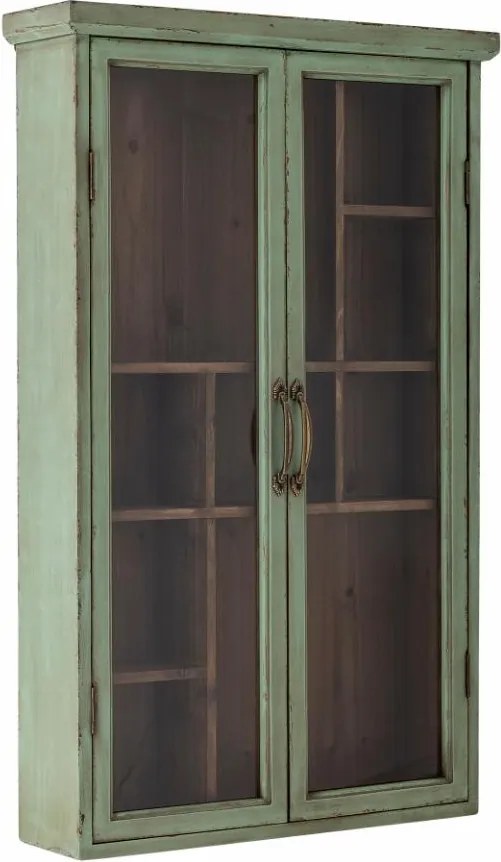Vitrină mică de perete vintage shabby chic din lemn, verde, cu 2 uși vitrate, 6 rafturi și 9 compartimente, 80 x 50 x 13,5 cm, „Hazem”